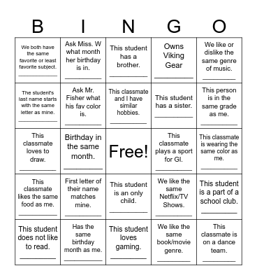 BLUE CREW - Meet Your Classmates Bingo Card