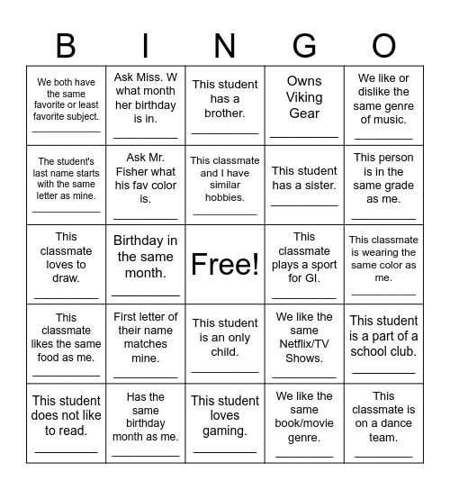 BLUE CREW - Meet Your Classmates Bingo Card