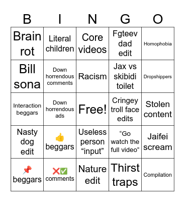 YouTube Shorts Bingo Card