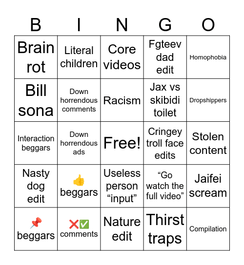 YouTube Shorts Bingo Card