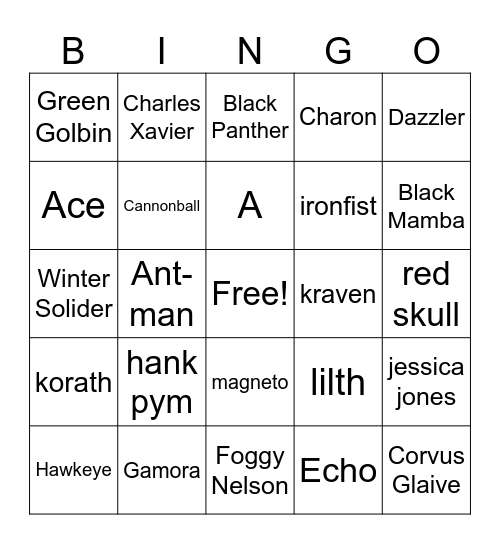 Marvel Bingo Card