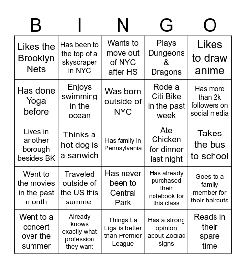 Stainton Bingo Card