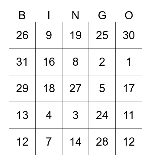 French numbers Bingo Card