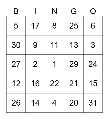 French numbers Bingo Card