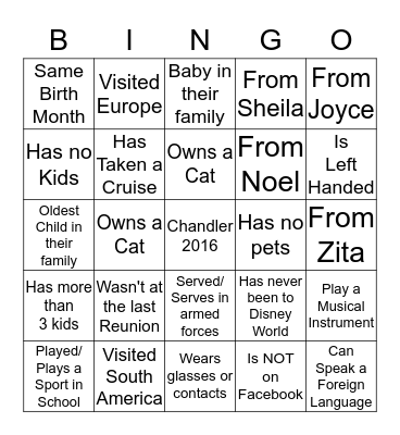 Chandler Family Bingo Card