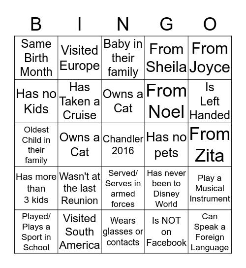 Chandler Family Bingo Card