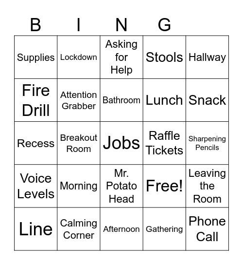 Our Class Procedures Bingo Card