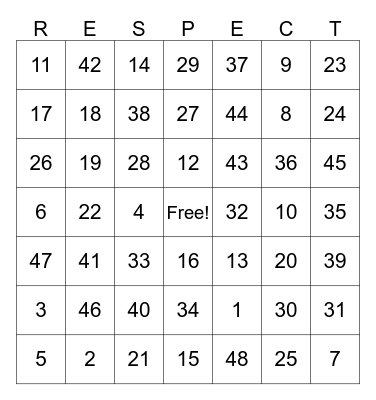 Respect Bingo Card