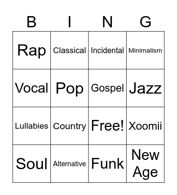 Music Genres Bingo Card