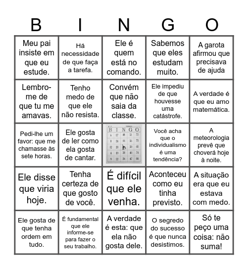 Orações Subordinadas Substantivas Bingo Card