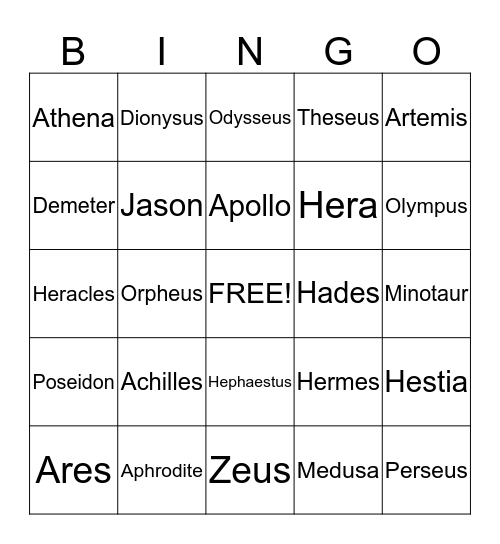 Greek Mythology Bingo Card
