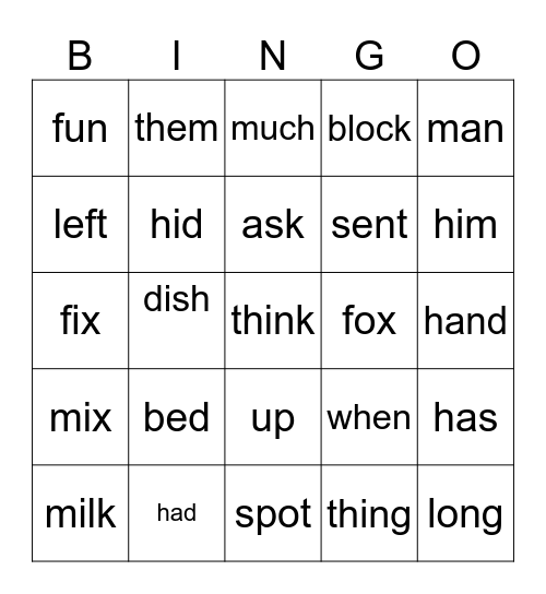 Short Vowel Words Bingo Card