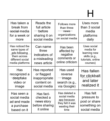 Media Literacy / Social Media Bingo Card