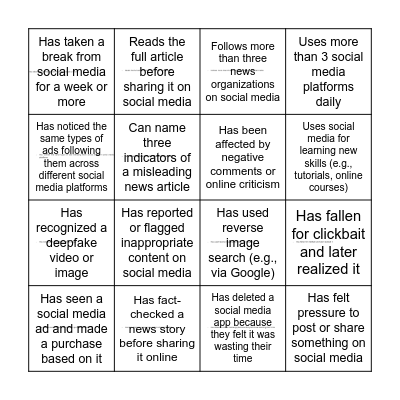 Media Literacy / Social Media Bingo Card