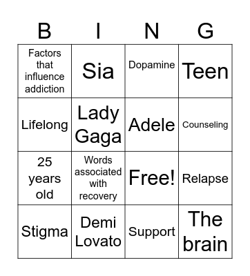 Recovery Month Bingo Card