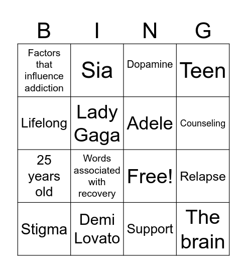 Recovery Month Bingo Card