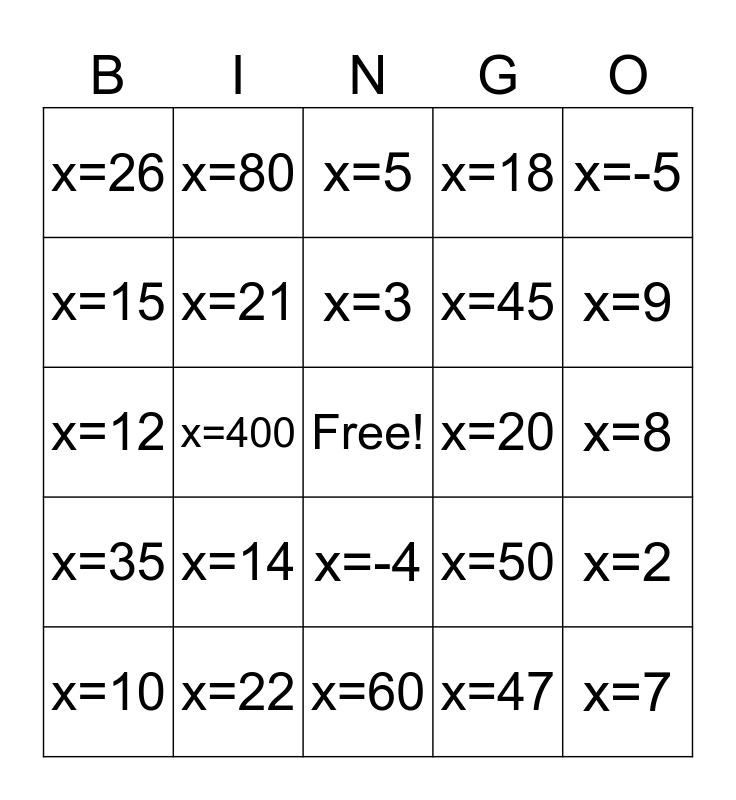 7A Math Bingo Card