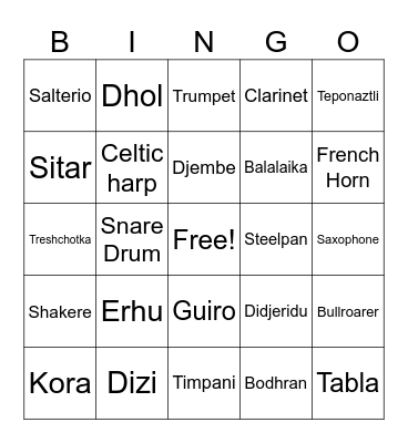 World Music Instruments Bingo Card