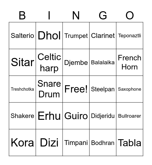 World Music Instruments Bingo Card