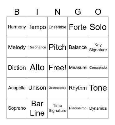 CHOIR VOCABULARY BINGO Card