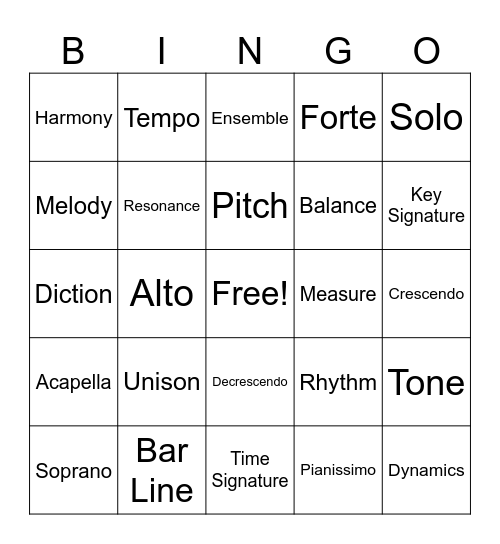 CHOIR VOCABULARY BINGO Card