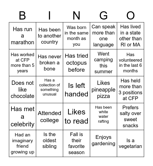 CFP Staff Day Bingo Card