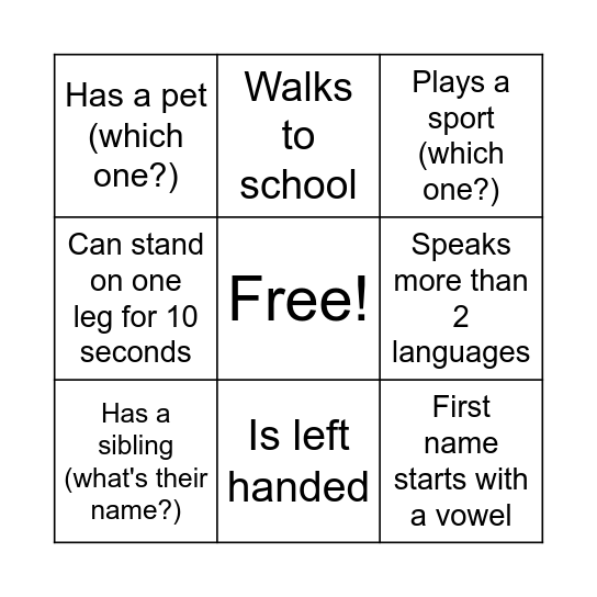 first day of class Bingo Card