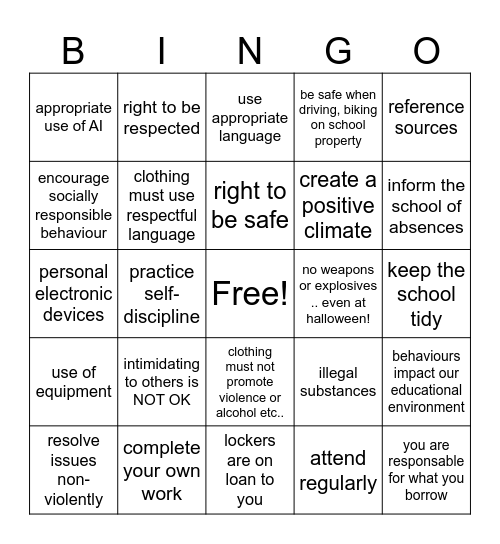 WSS Code of Conduct Bingo Card