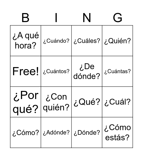 Spanish Question Words Bingo Card