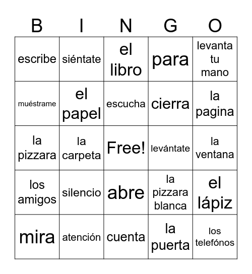 Spanish Classroom Directions/Instructions Bingo Card