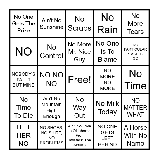 NO Bingo Card