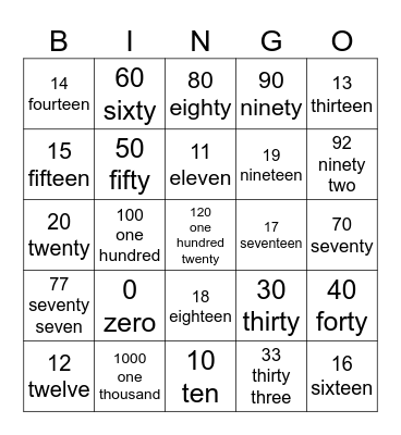 Number Bingo Card
