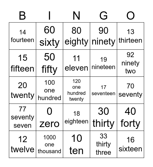 Number Bingo Card