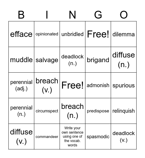 Unit 1 Vocabulary Bingo Card