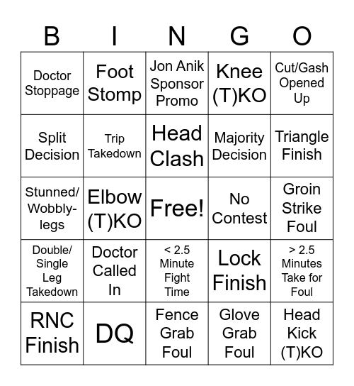 MMA Bingo! Bingo Card