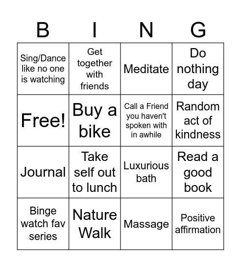 Self-Care Bingo Card