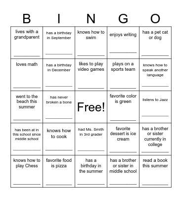 Beginning of Year BINGO Card