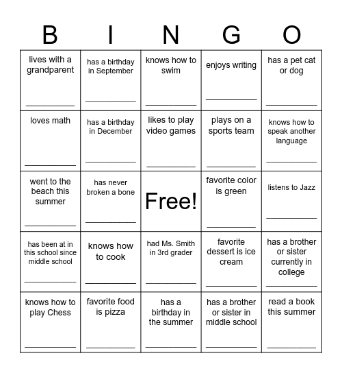 Beginning of Year BINGO Card