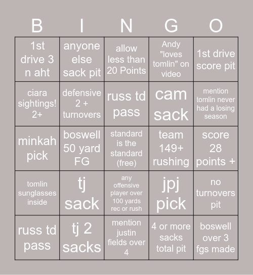 steelers falcons mingo Bingo Card