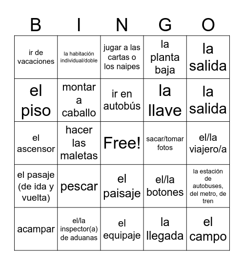 L.5 Los viajes y las vacaciones Bingo Card