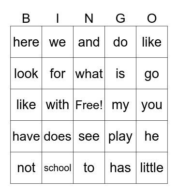 Sight Words Bingo Card