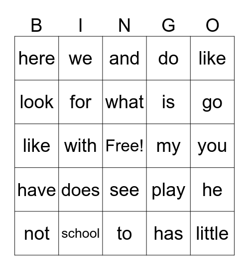 Sight Words Bingo Card
