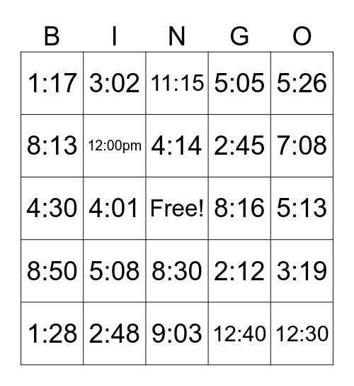Telling time Bingo Card