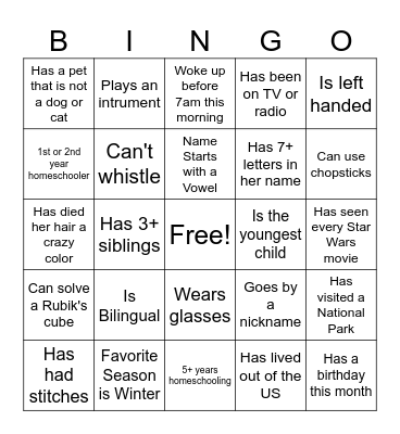 Speed Momming Bingo Card