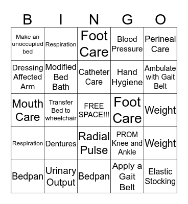 BEDPAN BINGO Card