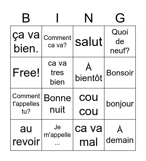 French Introductions Bingo Card