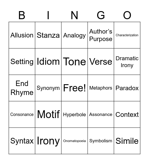 Literary Terms Bingo Card