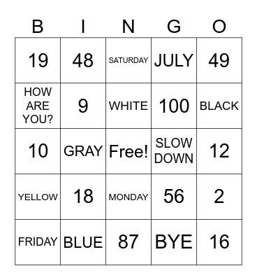 PRELIMINARY VOCAB Bingo Card