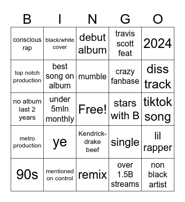rap hip hop Bingo Card