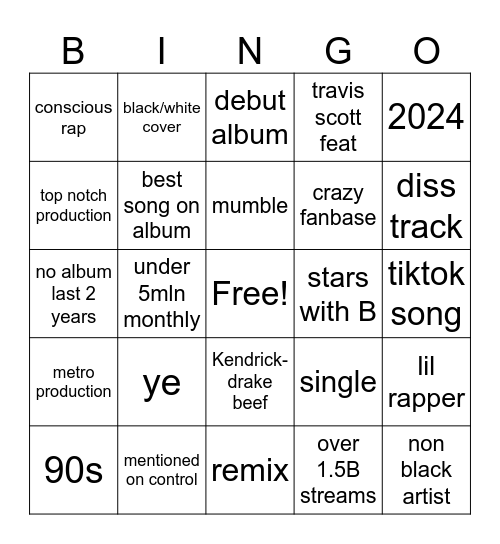 rap hip hop Bingo Card